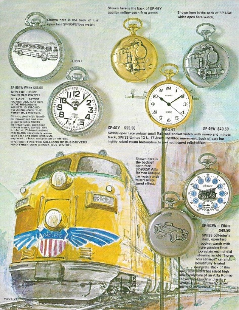 A poster with a picture of a train and clocks Description automatically generated