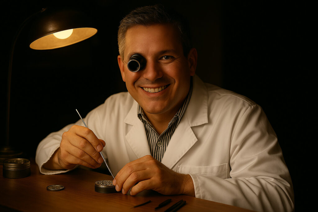 Portrait of master watchmaker Ted Tongson restoring a vintage timepiece