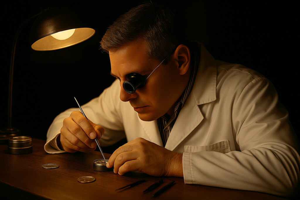 Watchmaker in a white coat bent over a vintage movement at his workbench, focused under warm lighting—symbolizing skilled restoration craftsmanship